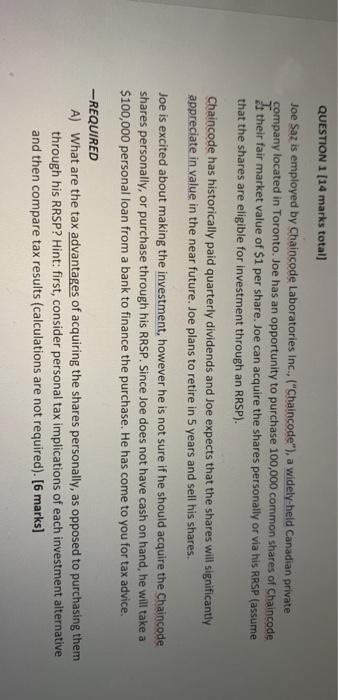  QUESTION 1 [14 marks total) Joe Saz is employed by Chaincode