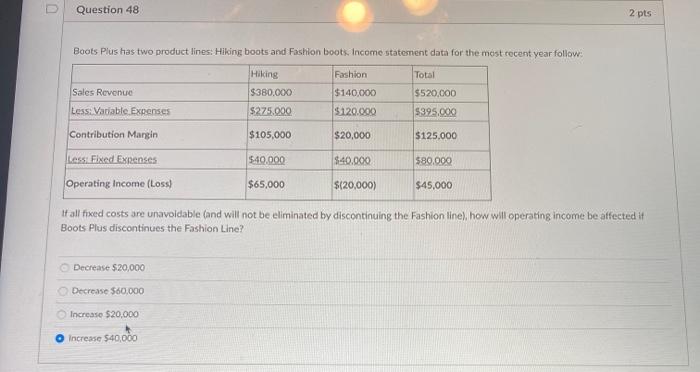  Question 48 2 pts Boots Plus has two product lines: Hiking