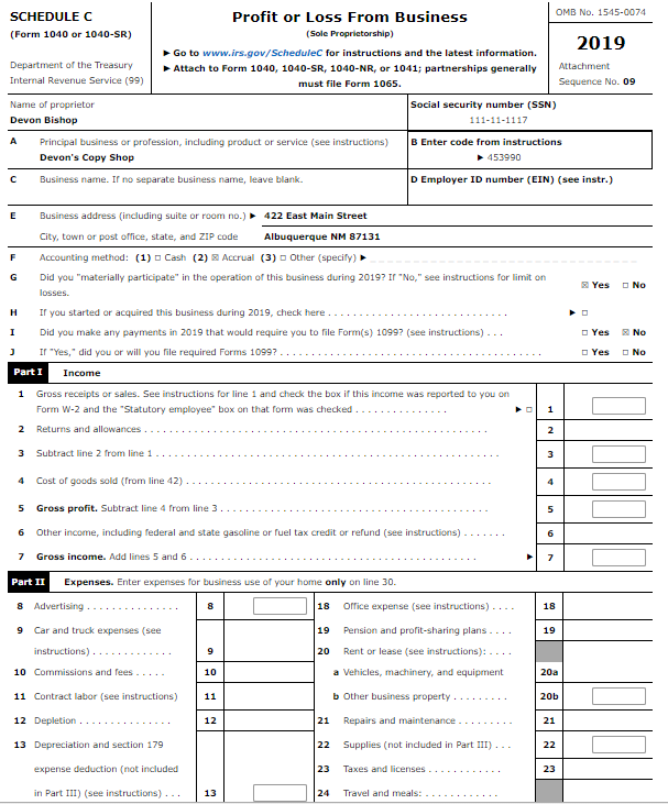 no inventory; the business operates as Devons Copy Shop, 422 E. Main