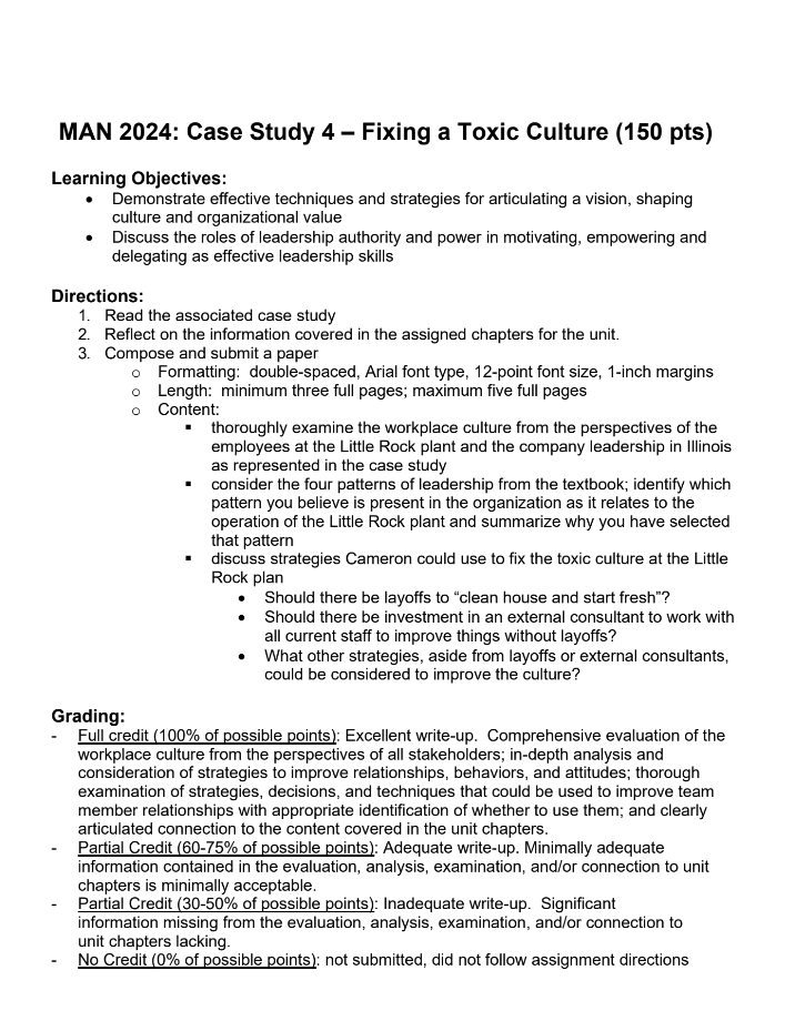  MAN 2024: Case Study 4- Fixing a Toxic Culture (150 pts)