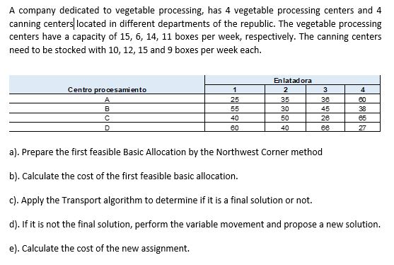  A companyI dedicated to vegetable processing has all. vegetable processing centers