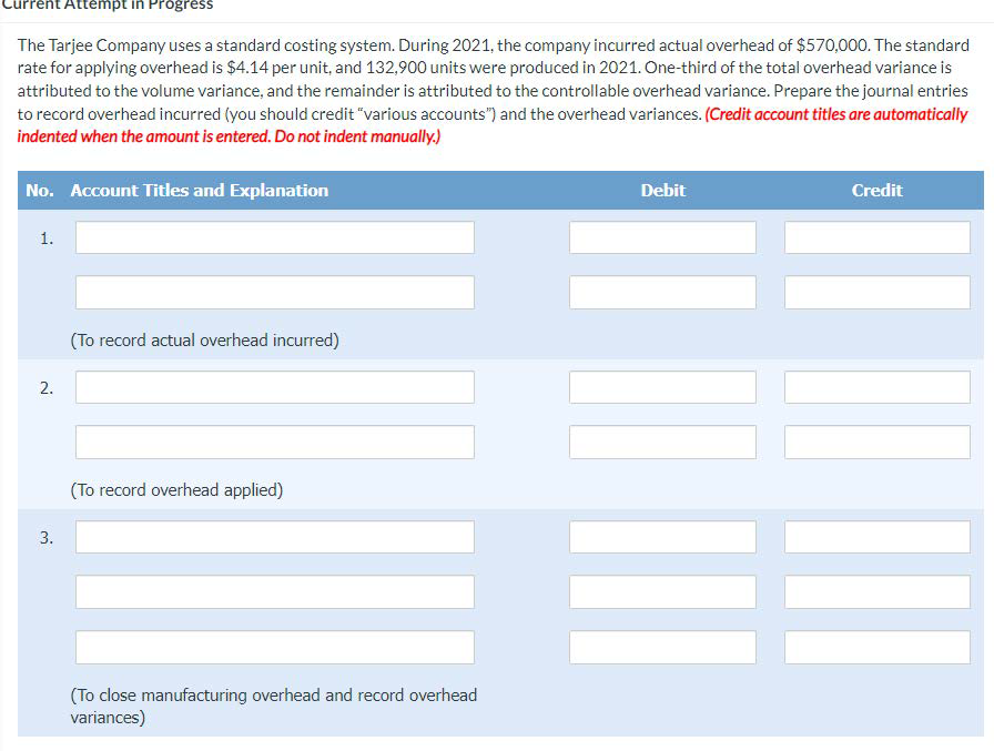 Current Attempt in Progress The Tarjee Company uses a standard costing