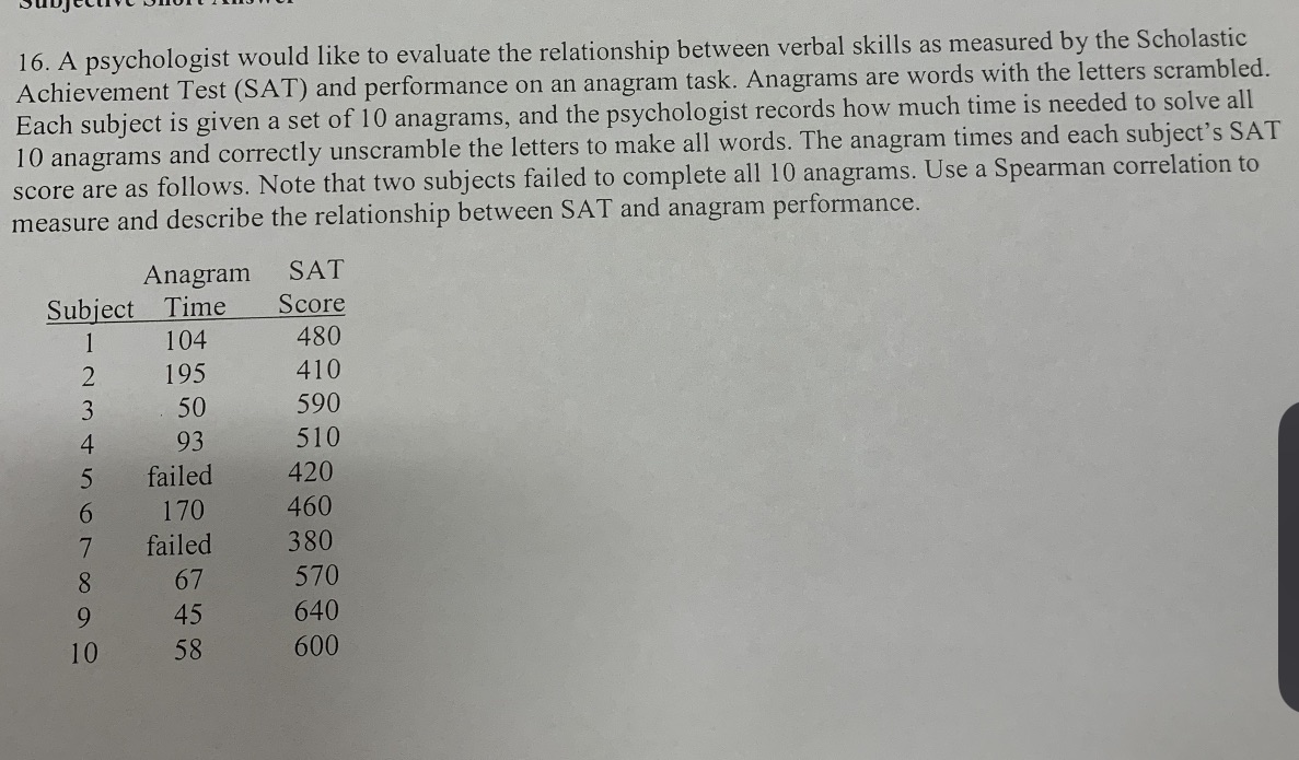  16. A psychologist would like to evaluate the relationship between verbal