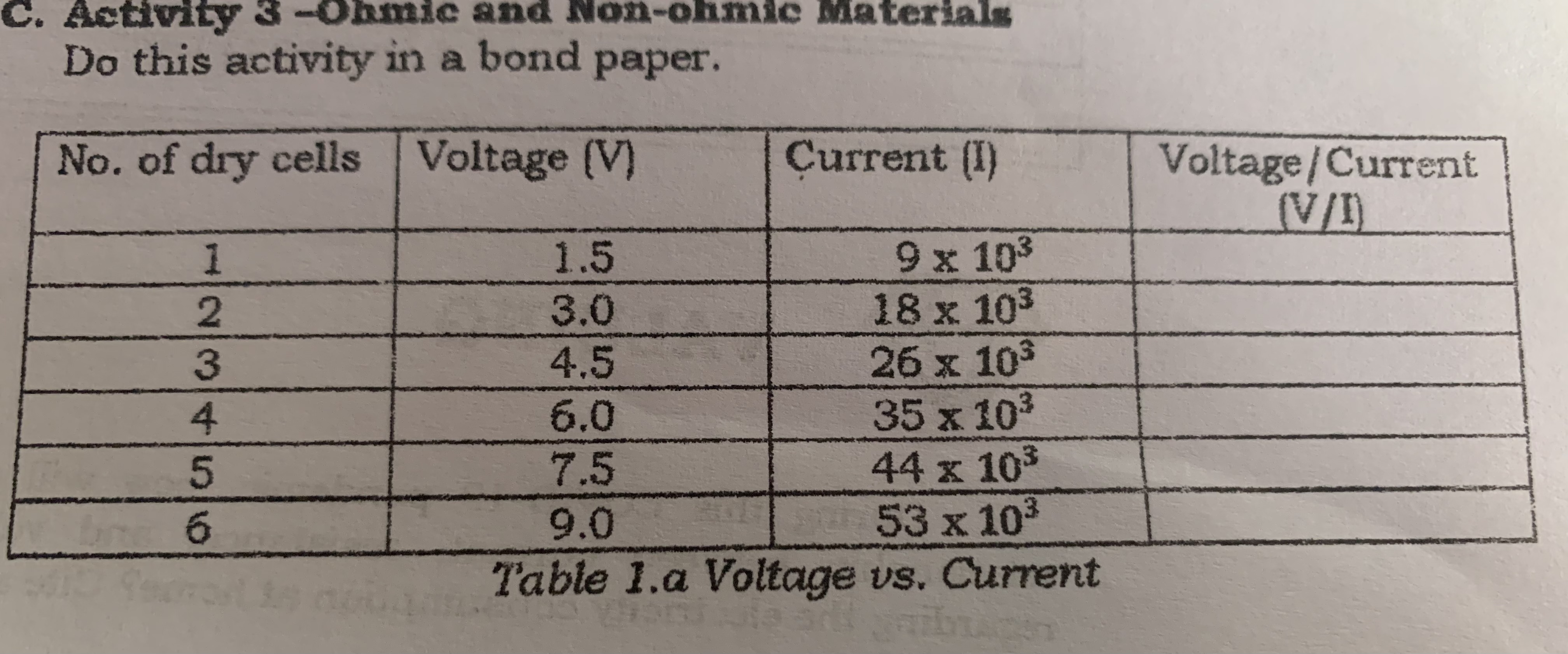  C. Activity 3 -Ohmic and Non-ohmic Materials Do this activity in
