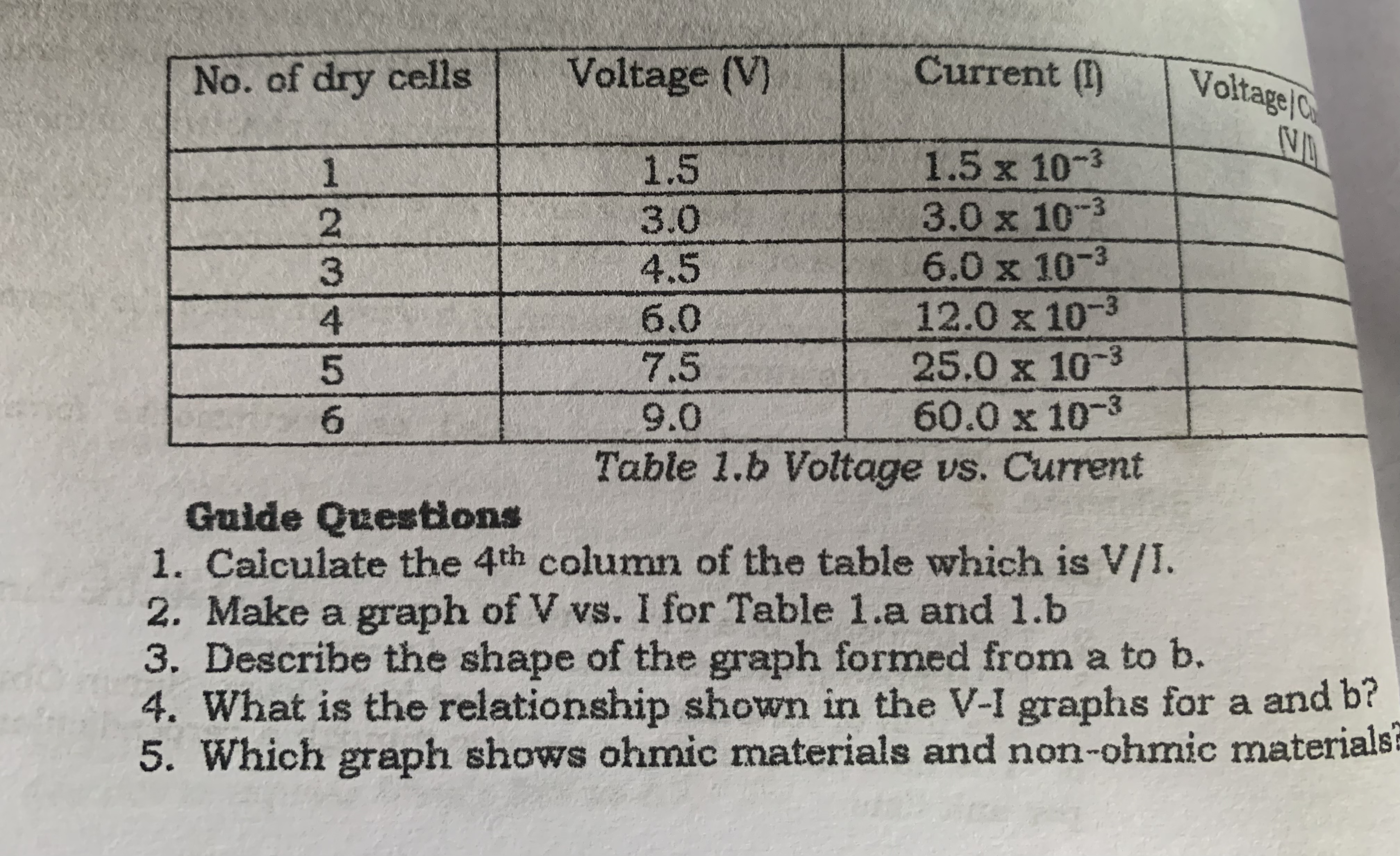 a bond paper. No. of dry cells Voltage (V) Current (1) Voltage