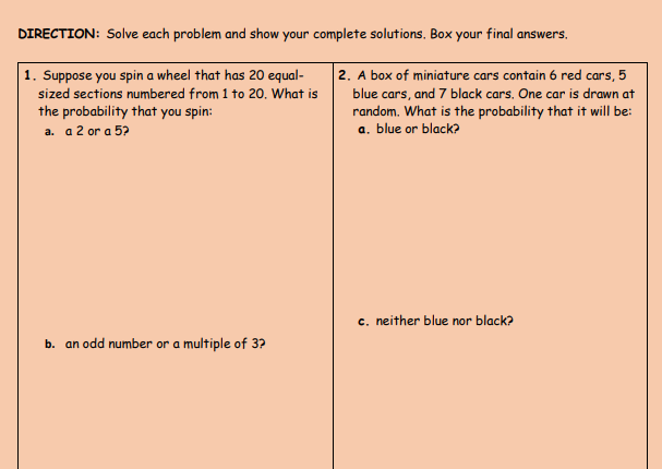 Please answer the given problems below about PROBABILITY. DIRECTION: Solve each problem