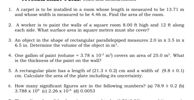  1. A carpet is to be installed in a room whose