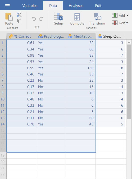 E Variables Data Analyses Edit K Add * 5 C Paste
