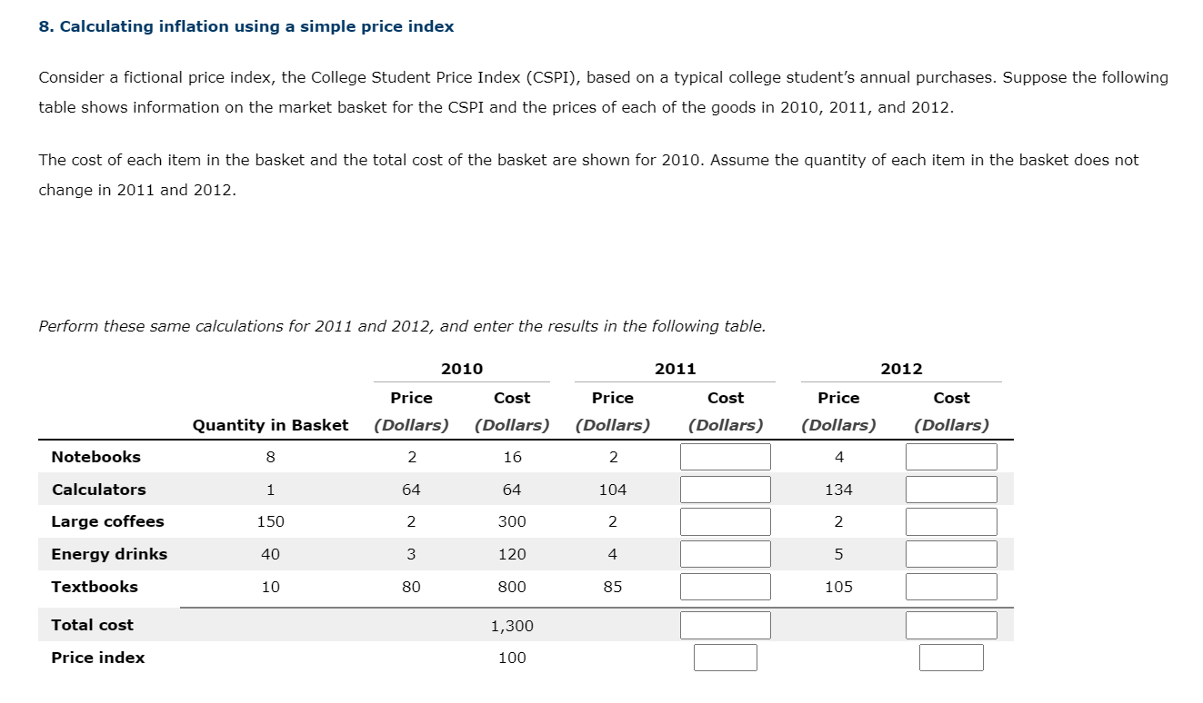 Question no 1 8. Calculating inflation using a simple price index Consider