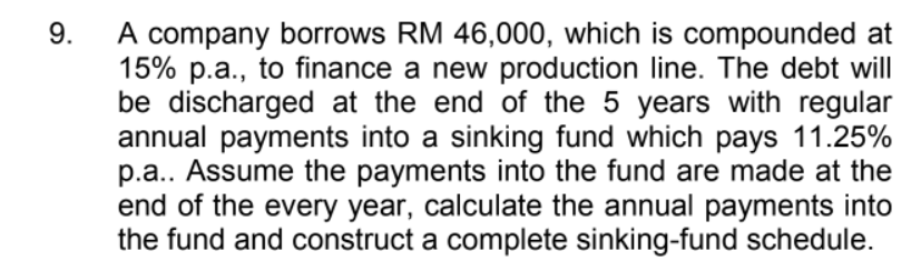  A company borrows RM 46,000, which is compounded at 15% pa,