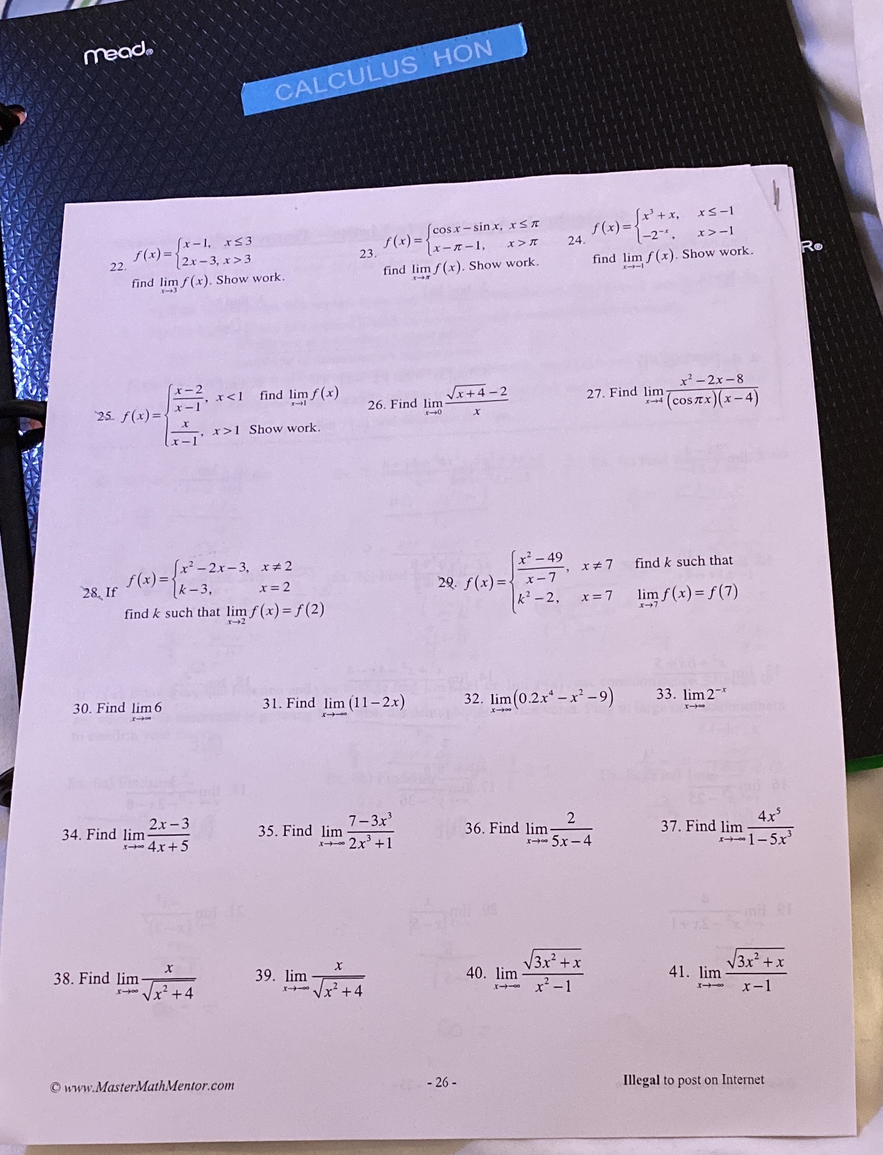 Answer all with working mead. CALCULUS HON f (x ) = *-