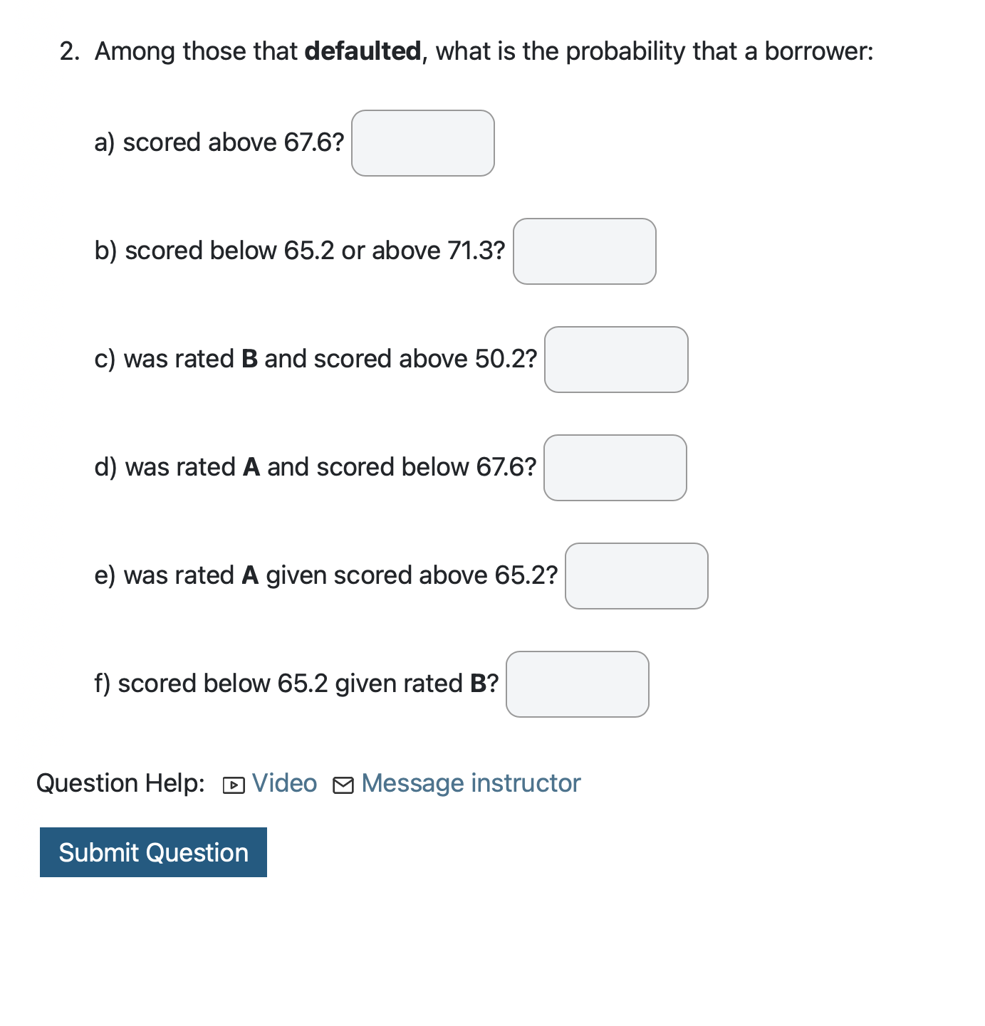 2. Among those that defaulted, what is the probability that a
