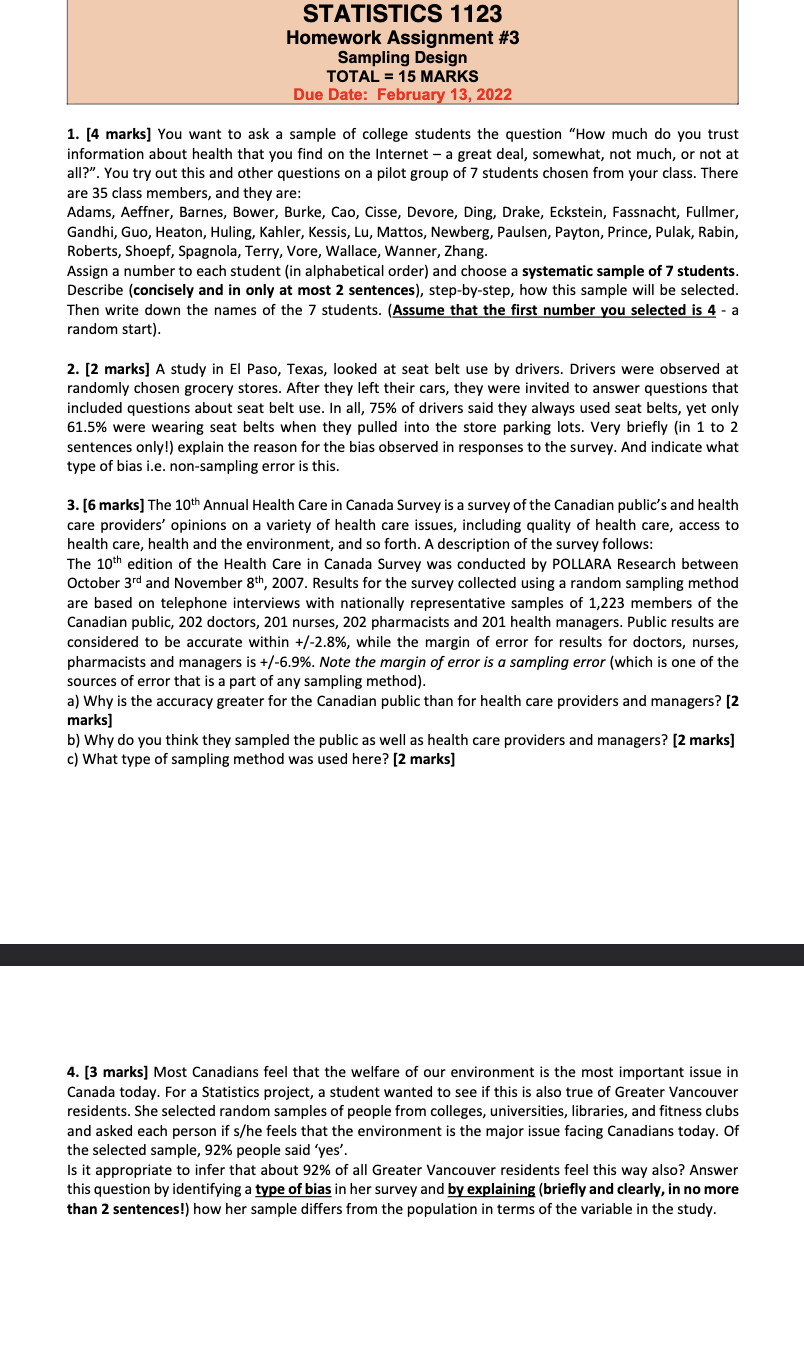  STATISTICS 1 123 Homework Assignment #3 Sampling Design TOTAL I 15
