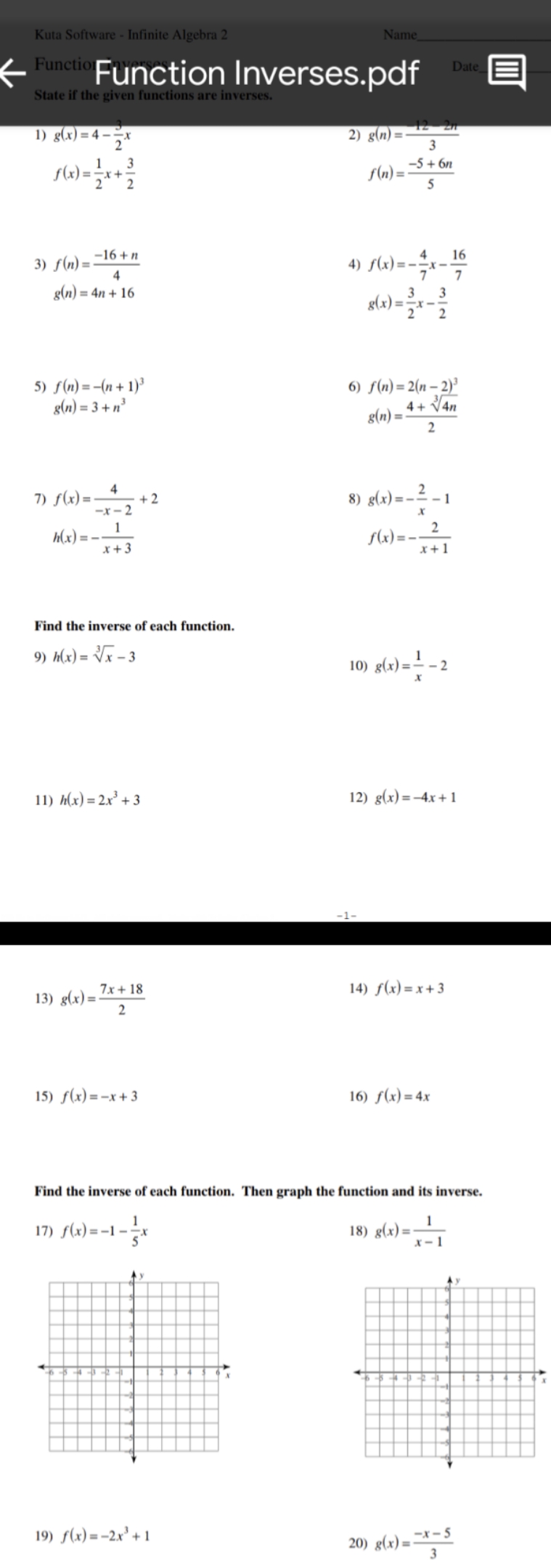 #1-8 State if the given functions are inverses. Kuta Software - Infinite