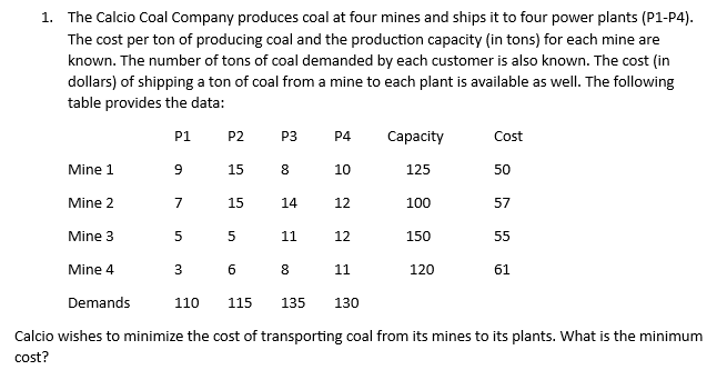 The Calcio Coal Company produces coal at four mines and ships it