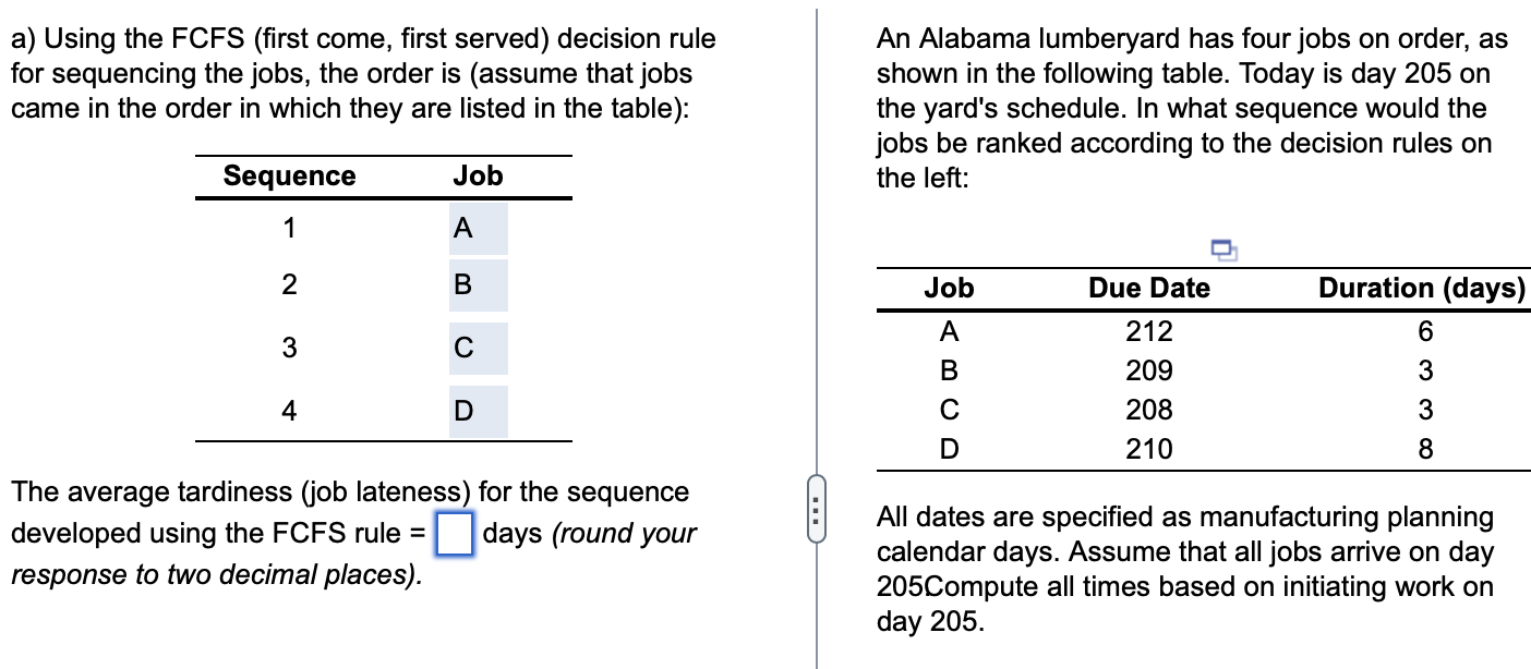  a) Using the FCFS (first come, first served) decision rule for