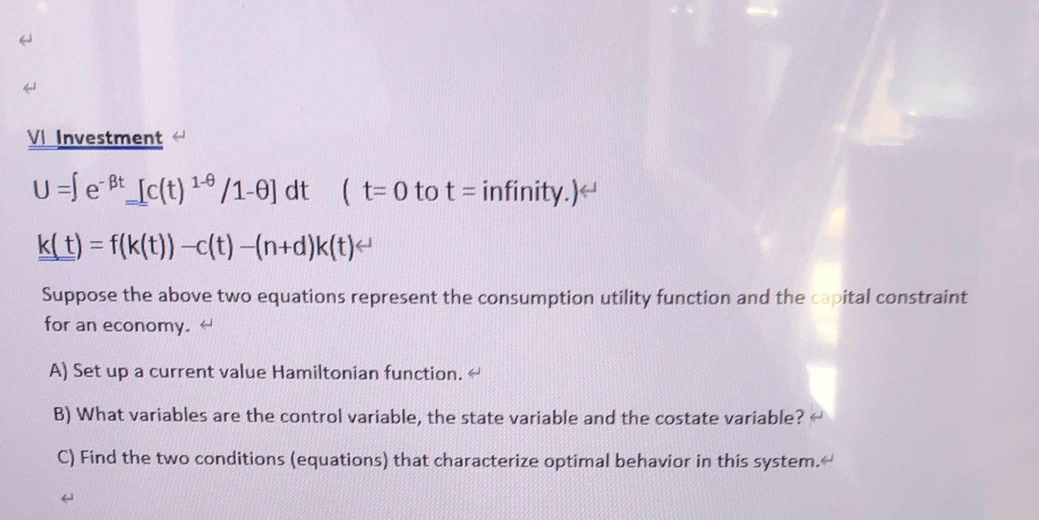 VI Investment U 1-6/1-01 dt ( t= 0 to t = infinity.)e