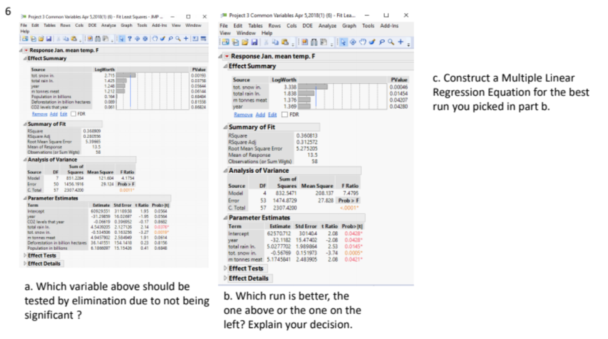 Statistics help - JMP 6 c. Construct a Multiple Linear Regression Equation