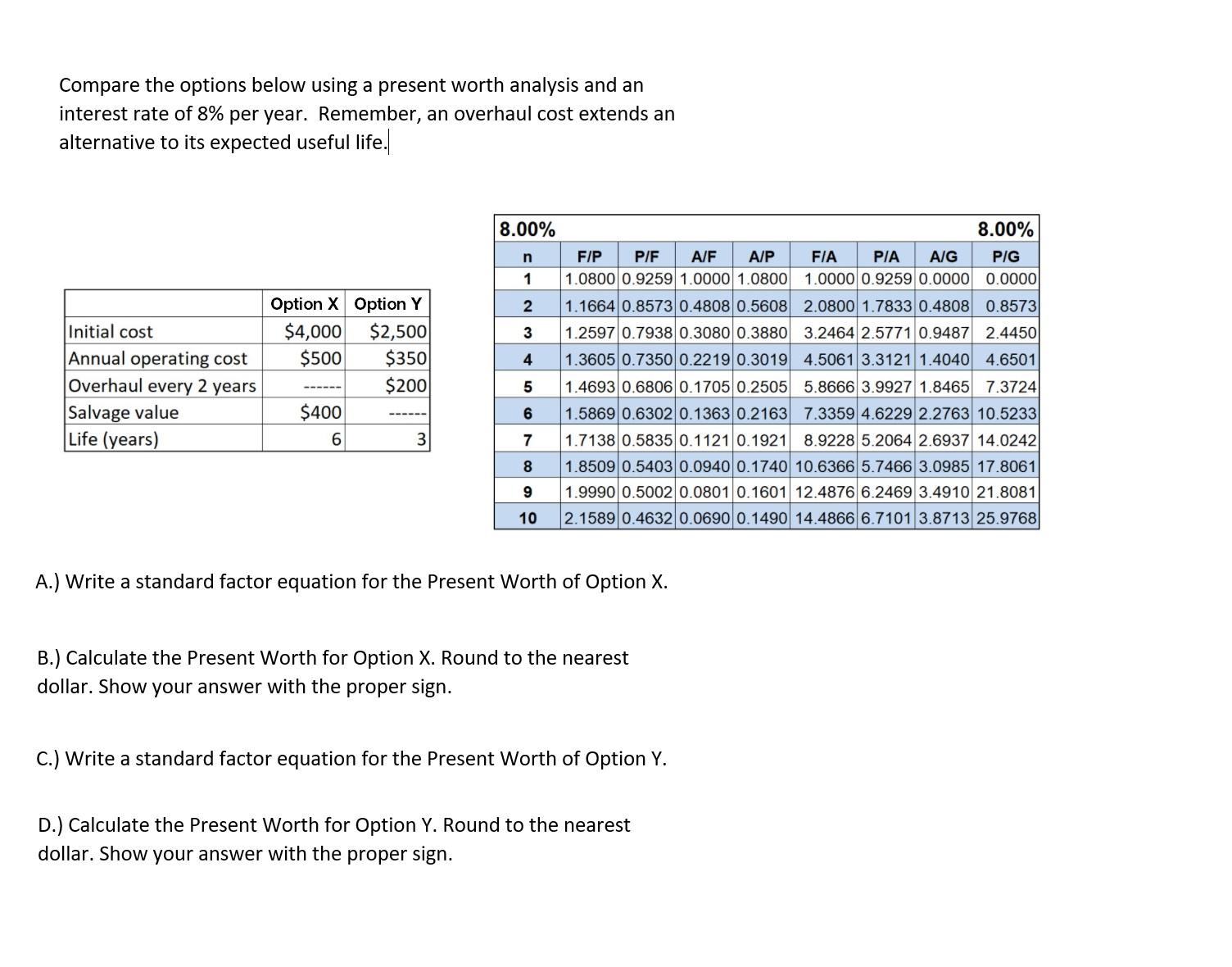All required information is given. Compare the options below using a present