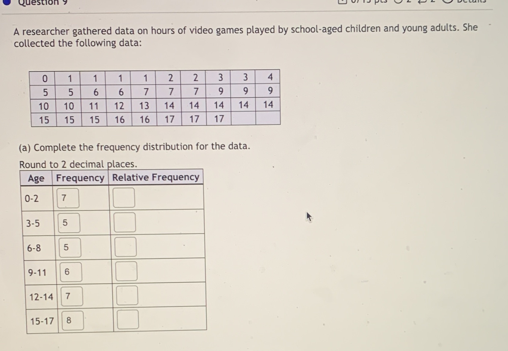 Having trouble understanding the relative frequency portion:/ Question A researcher gathered data