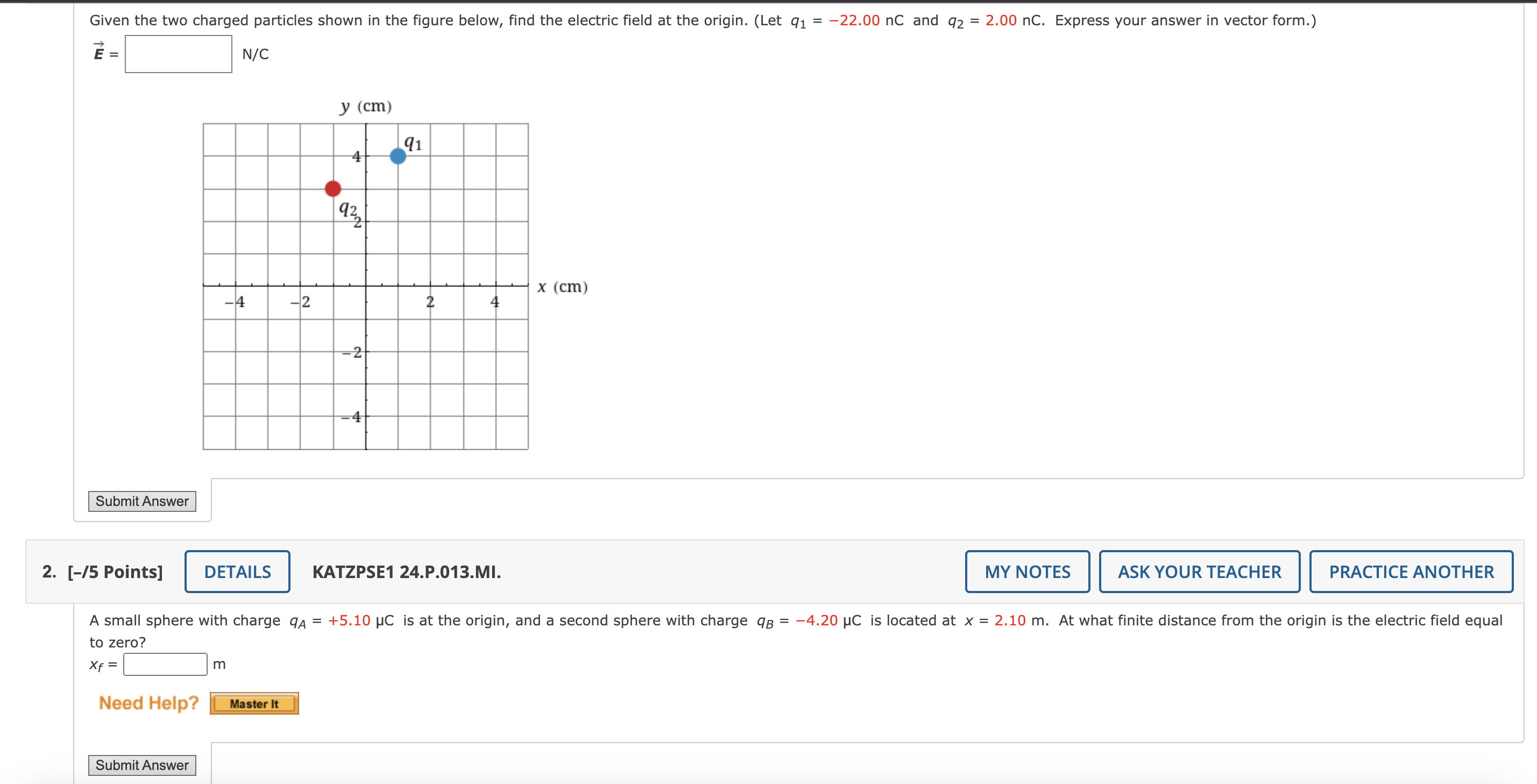 Given the two charged particles shown in the figure below, find