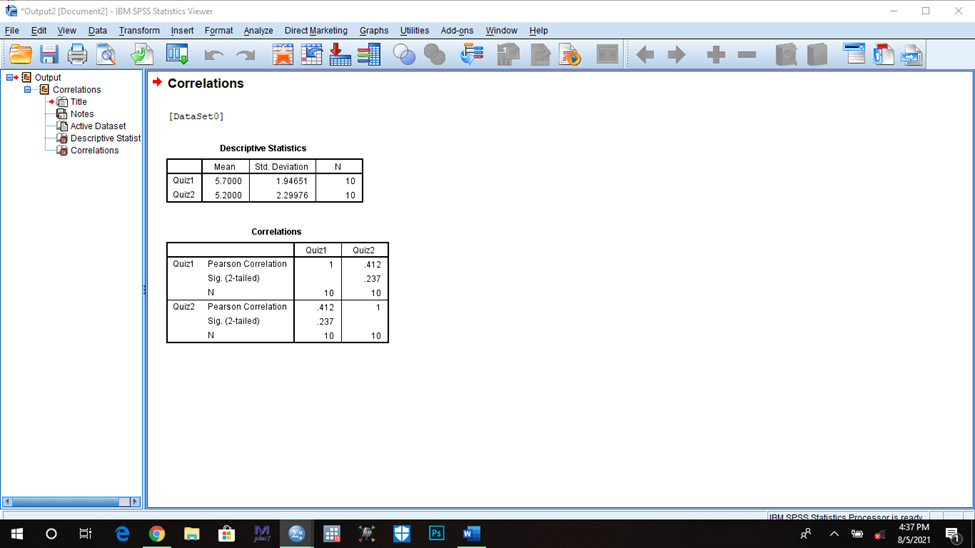 3) Below is a screenshot of a correlation between two quiz scores,
