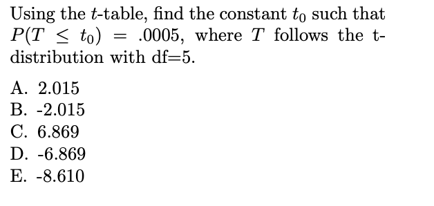 Using the t-table, find the constant to such that to) .0005, where