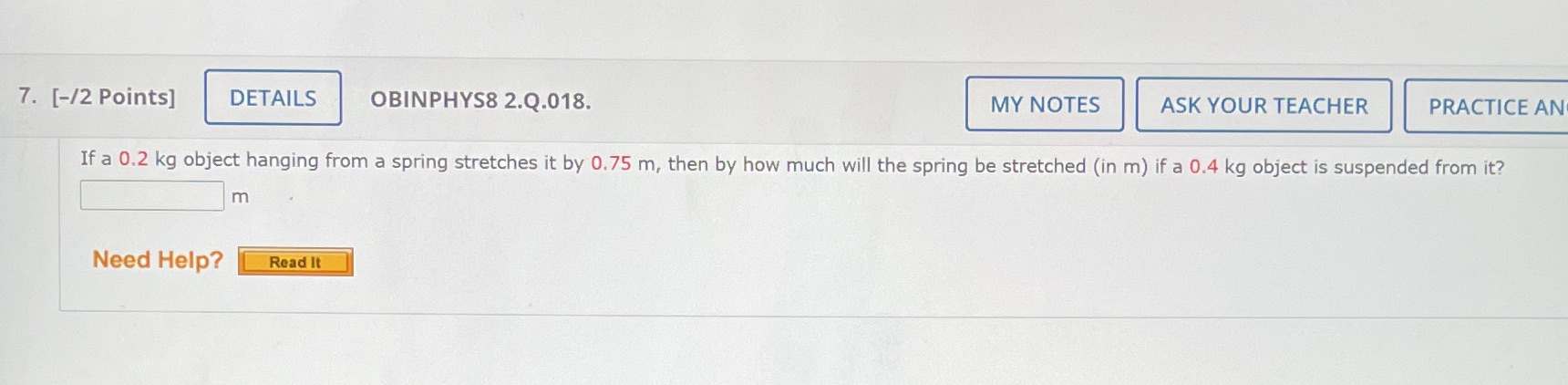 7. [-/2 Points] DETAILS OBINPHYS8 2.Q.018. MY NOTES ASK YOUR TEACHER