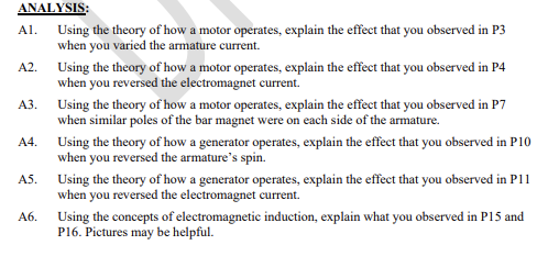 answer analysis section based on the theory section. answer each A1-A6. label