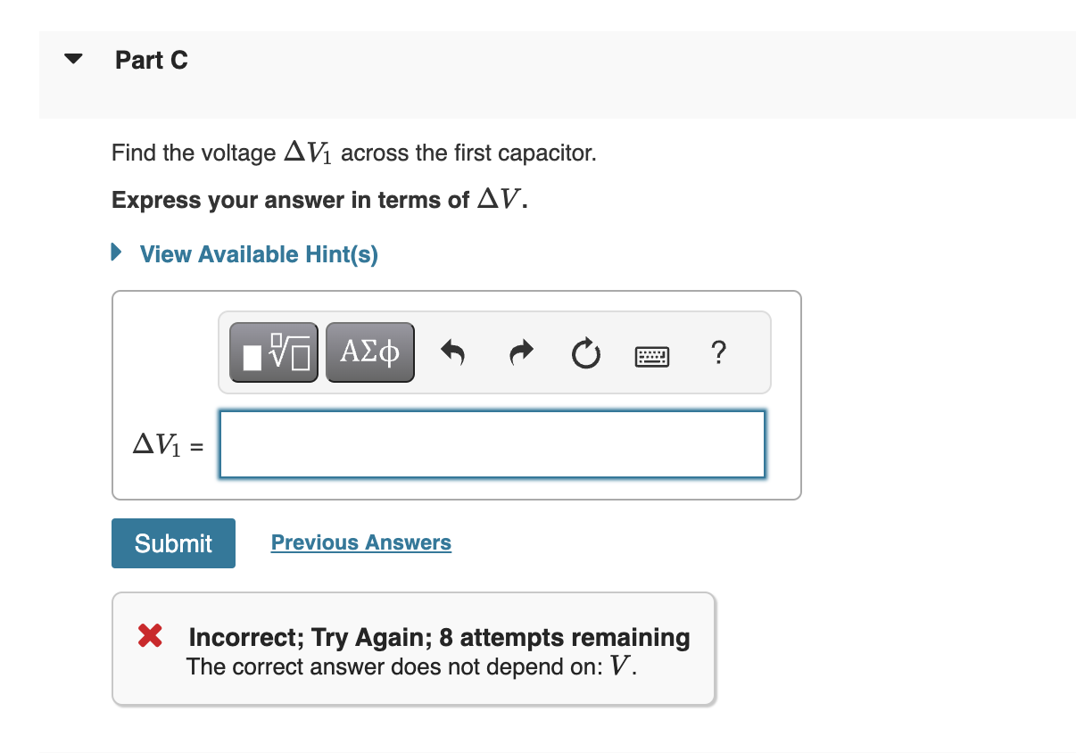 the first capacitor (the one with capacitance C) is A V1, then