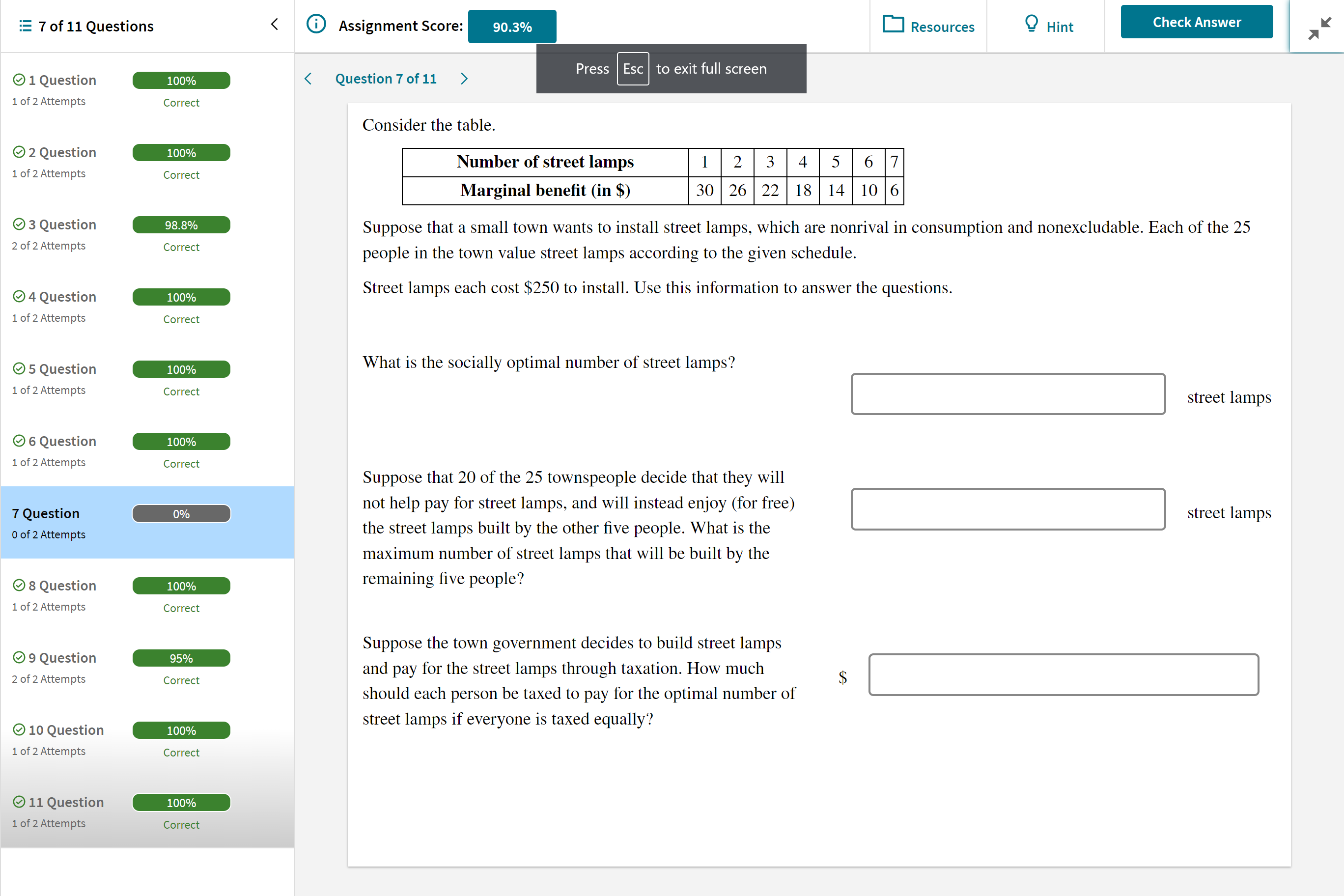  Check Answer 7 of 11 Questions @ Assignment Score: 90.3% Resources