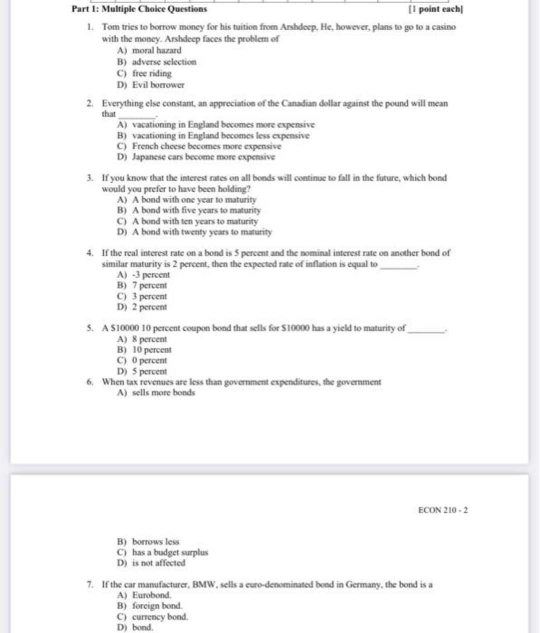 please answer Part 1: Multiple Choice Questions [! point each] 1. Tom