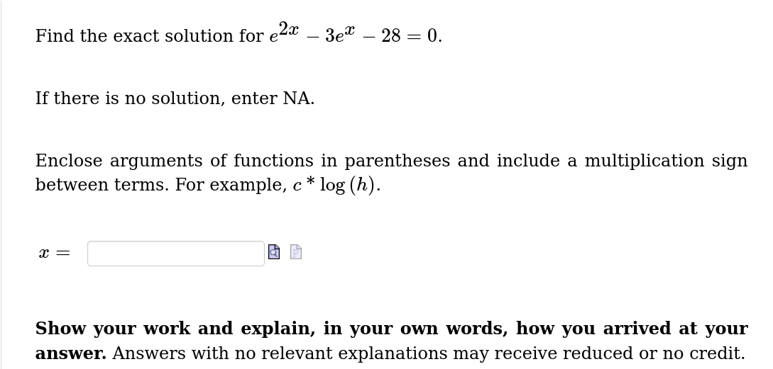 Find the exact solution for e23 3e\": 28 = 0. If