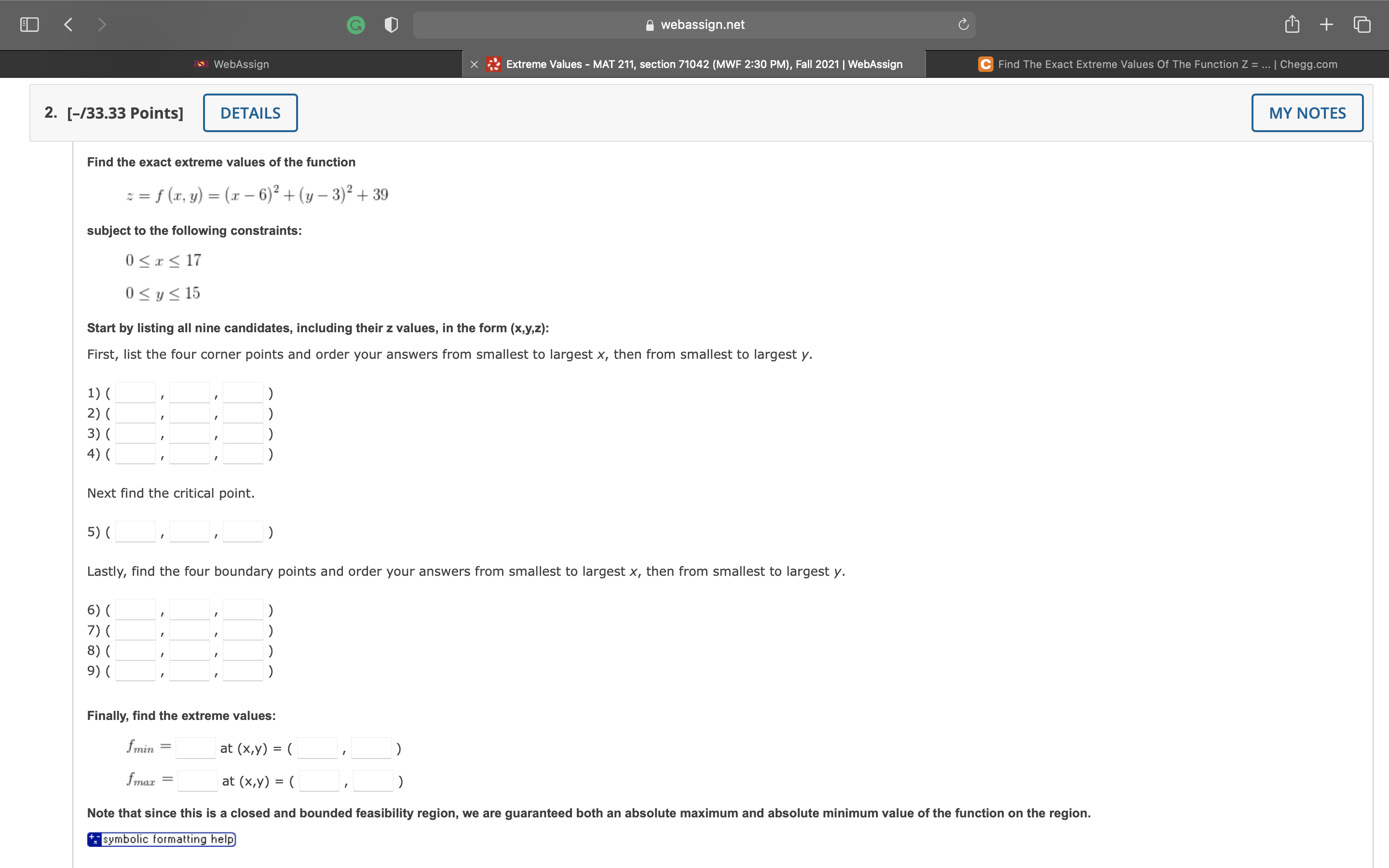 G O webassign.net C + s WebAssign x Extreme Values -