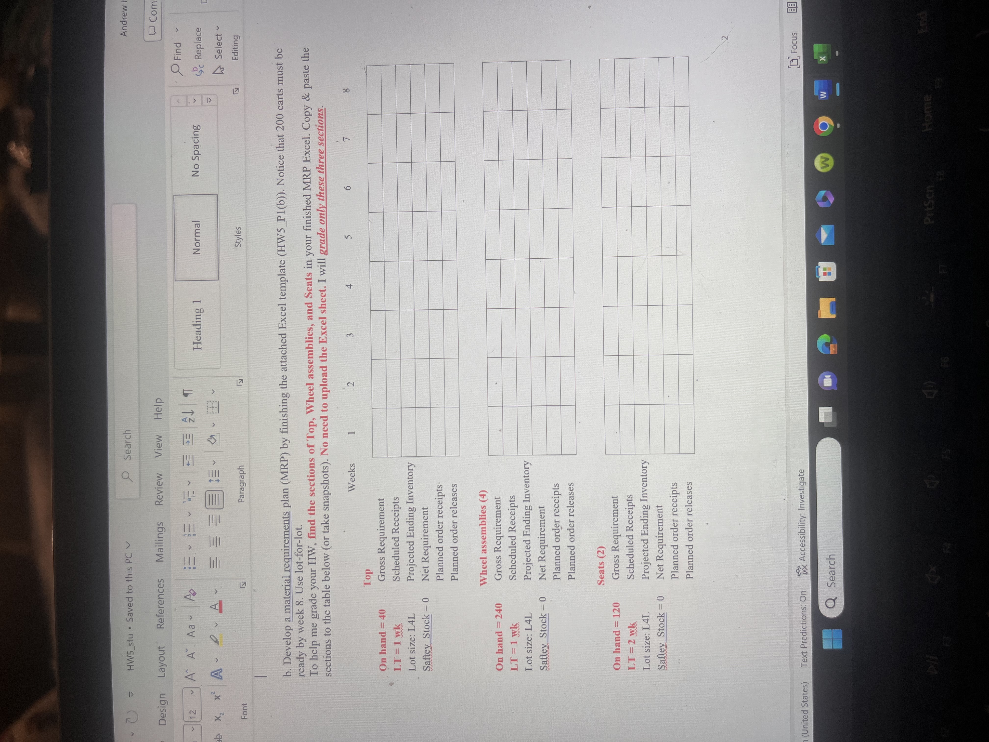  b. Develop a material requirements plan (MRP) by finishing the attached