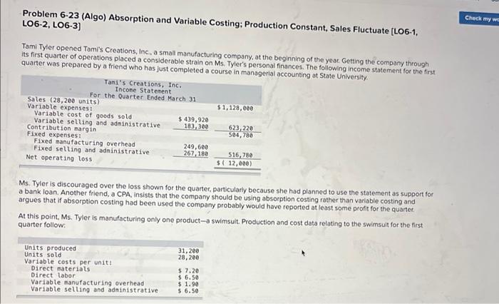 solve both questions Problem 6-23 (Algo) Absorption and Variable Costing: Production Constant,