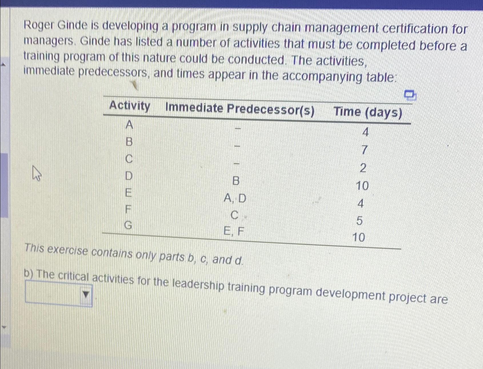  Roger Ginde is developing a program in supply chain management certification