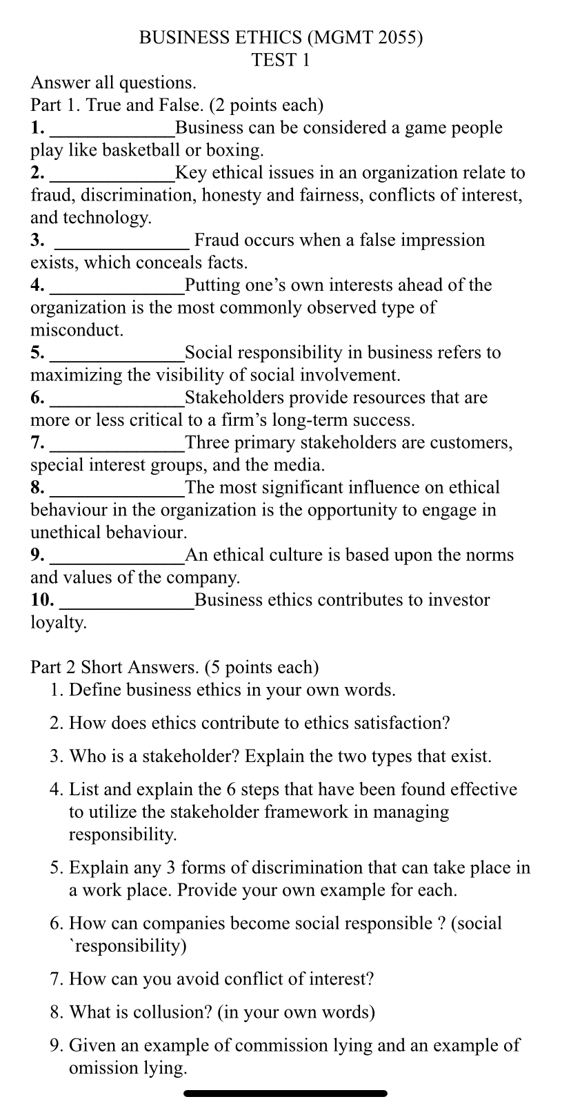 can I please get some assistance with these problems for a Business