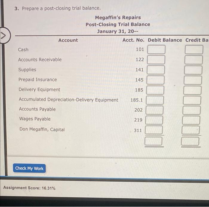 Megafrin's Repairs for the month ended January 31, 20. is shown. Megaffin's