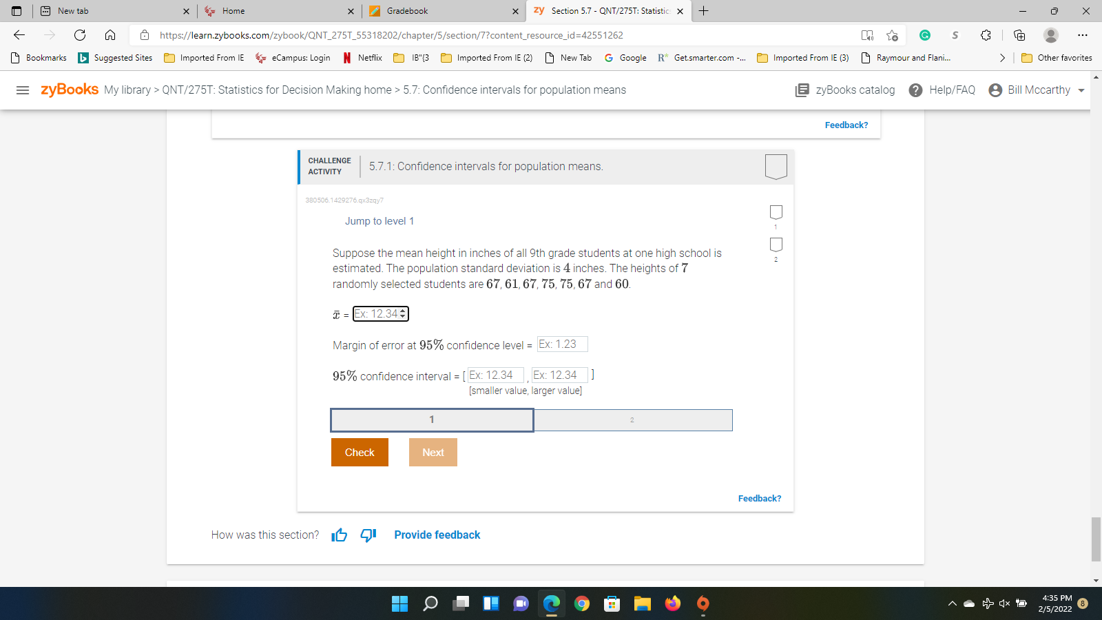  New tab * Home Gradebook X zy Section 5.7 - QNT/275T: