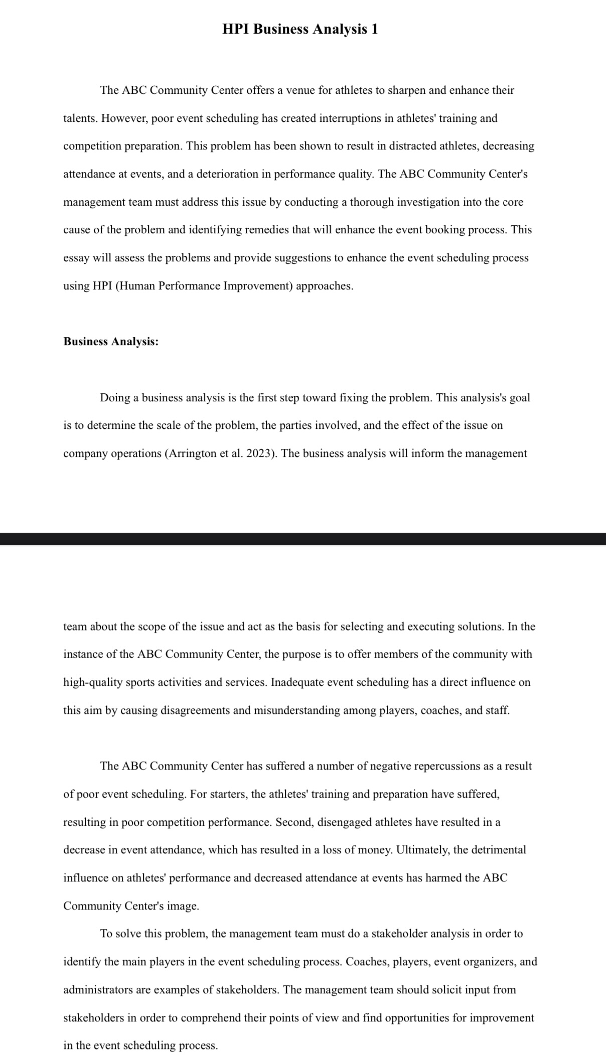 HPI process by addressing the Performance Analysis - For assistance refer to