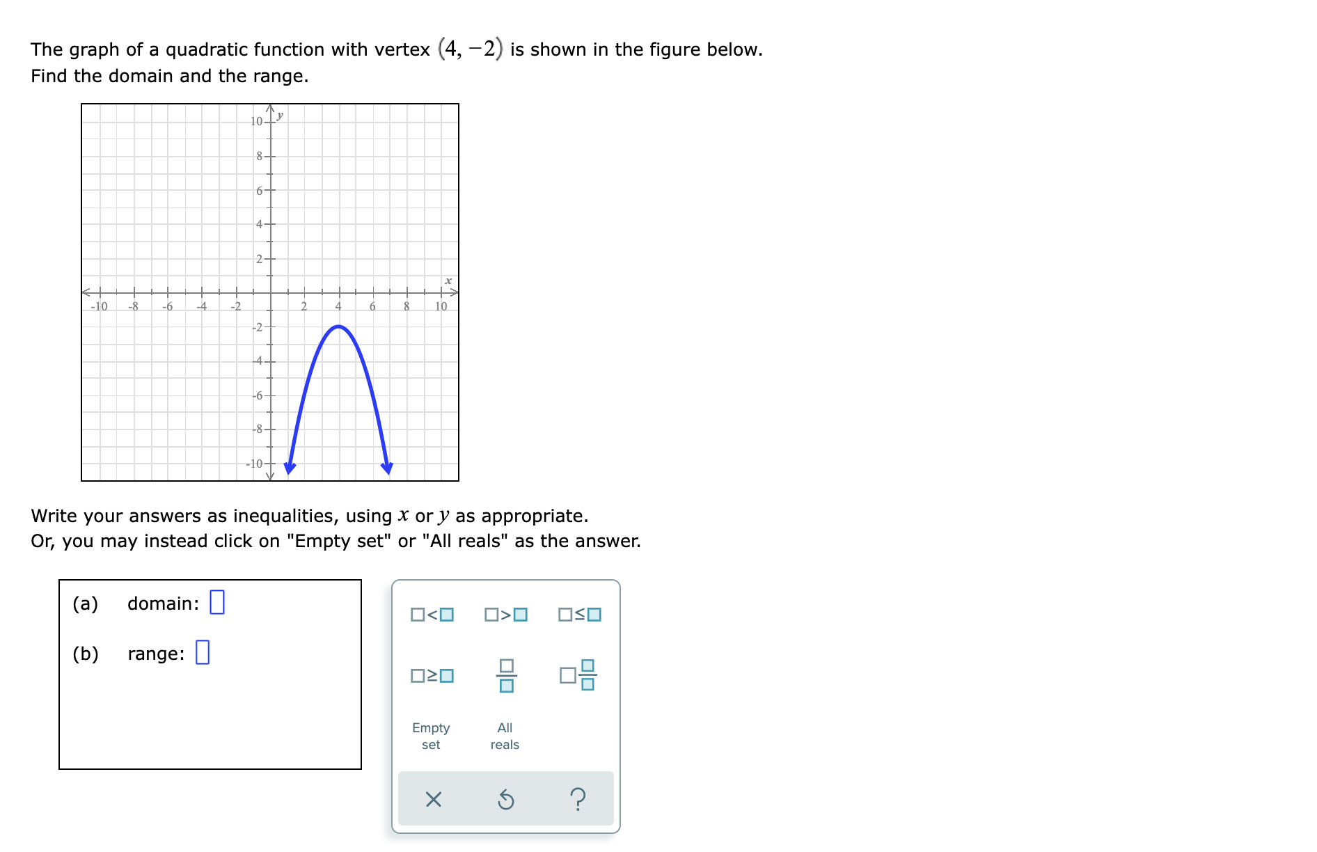  The graph of a quadratic function with vertex (4, -2) is