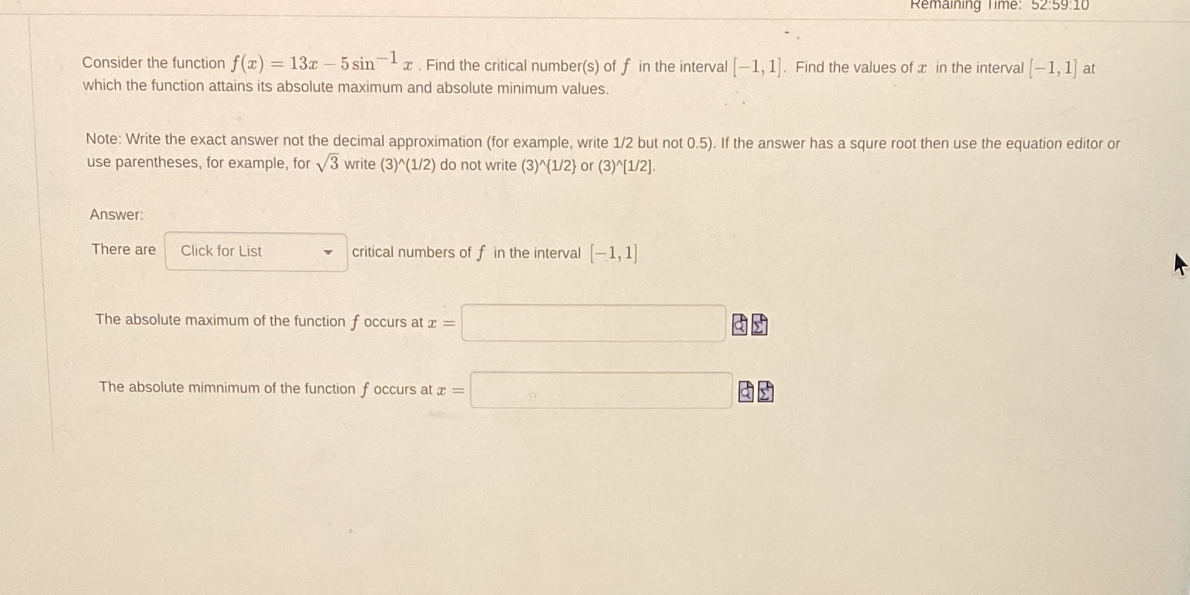  Remaining Time: 52:59:10 Consider the function f(x) = 13x -5 sin
