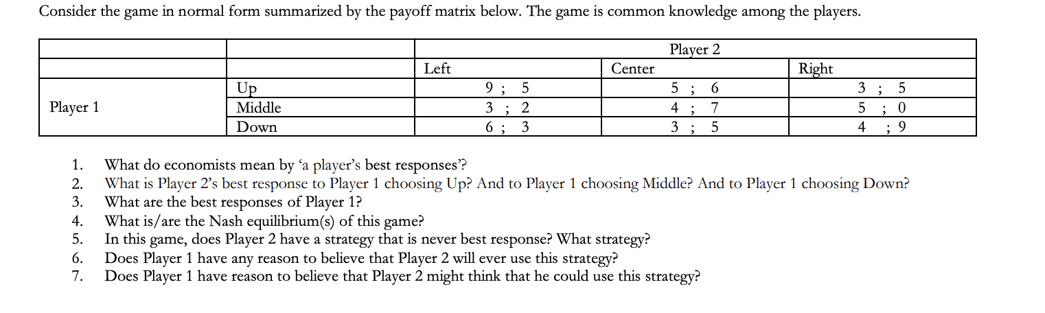  Consider the game in normal form summarized by the payoff matrix