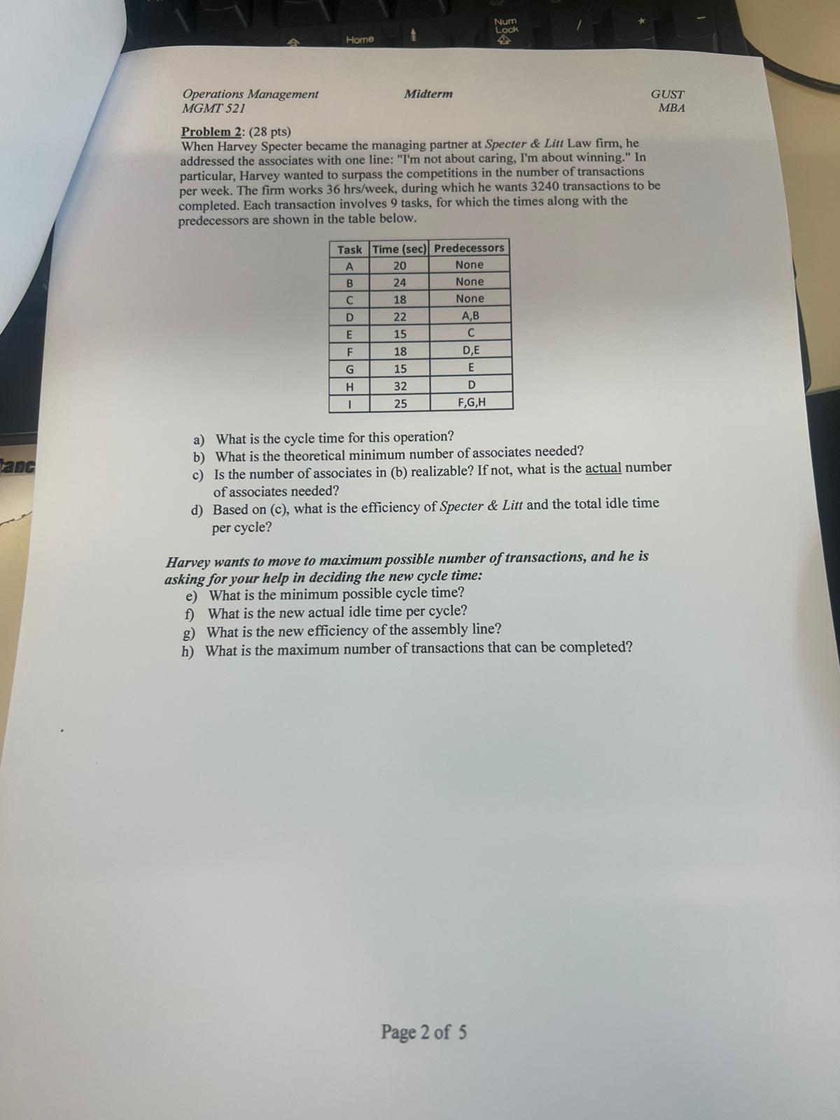  Operations Management Midterm MGMT 521 GUST Problem 2: (28 pts) When