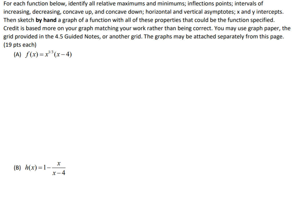  For each function below, identify all relative maximums and minimums; inections