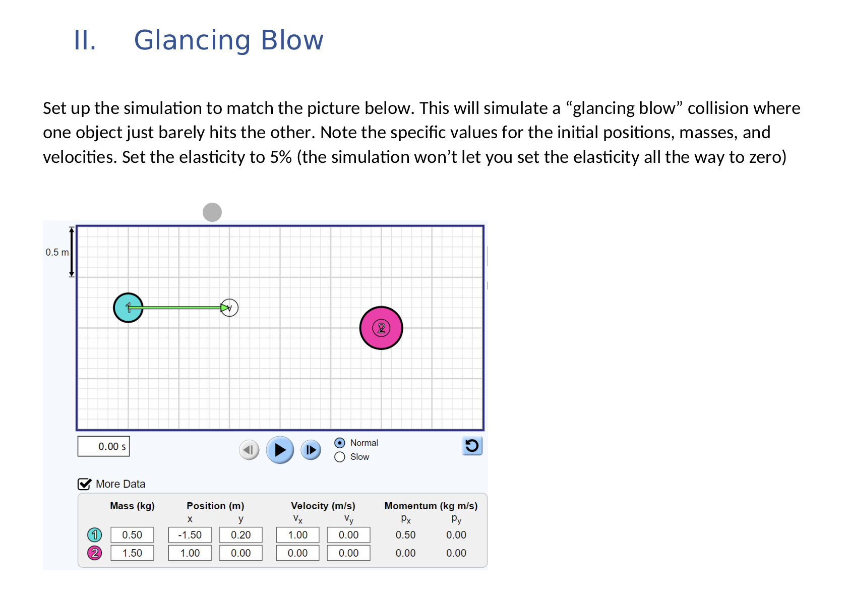 Please the link provided to answer the problem below.https://phet.colorado.edu/sims/html/collision-lab/latest/collision-lab_en.html Il. Glancing Blow