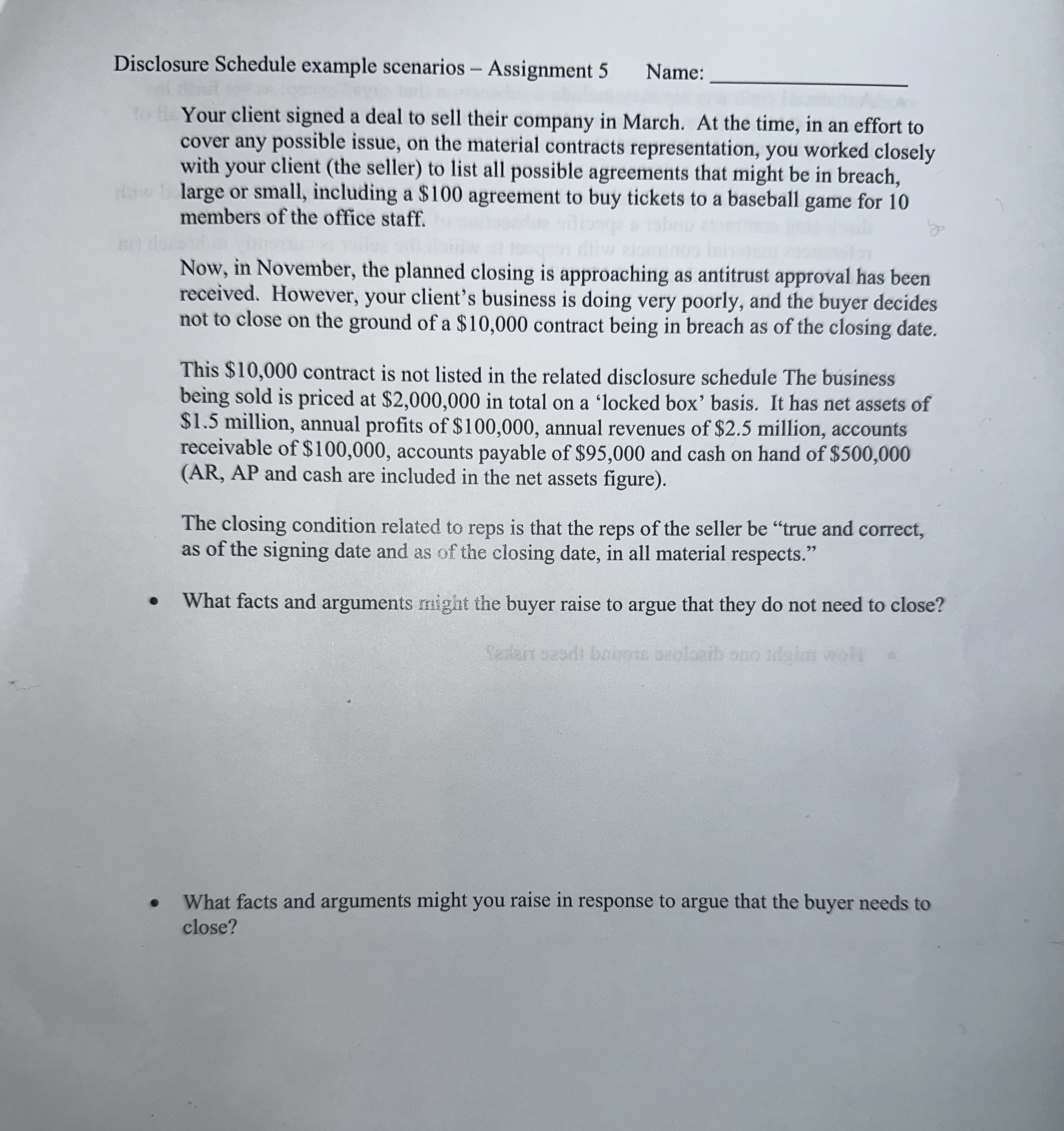  Disclosure Schedule example scenarios - Assignment 5 Name: to Your client