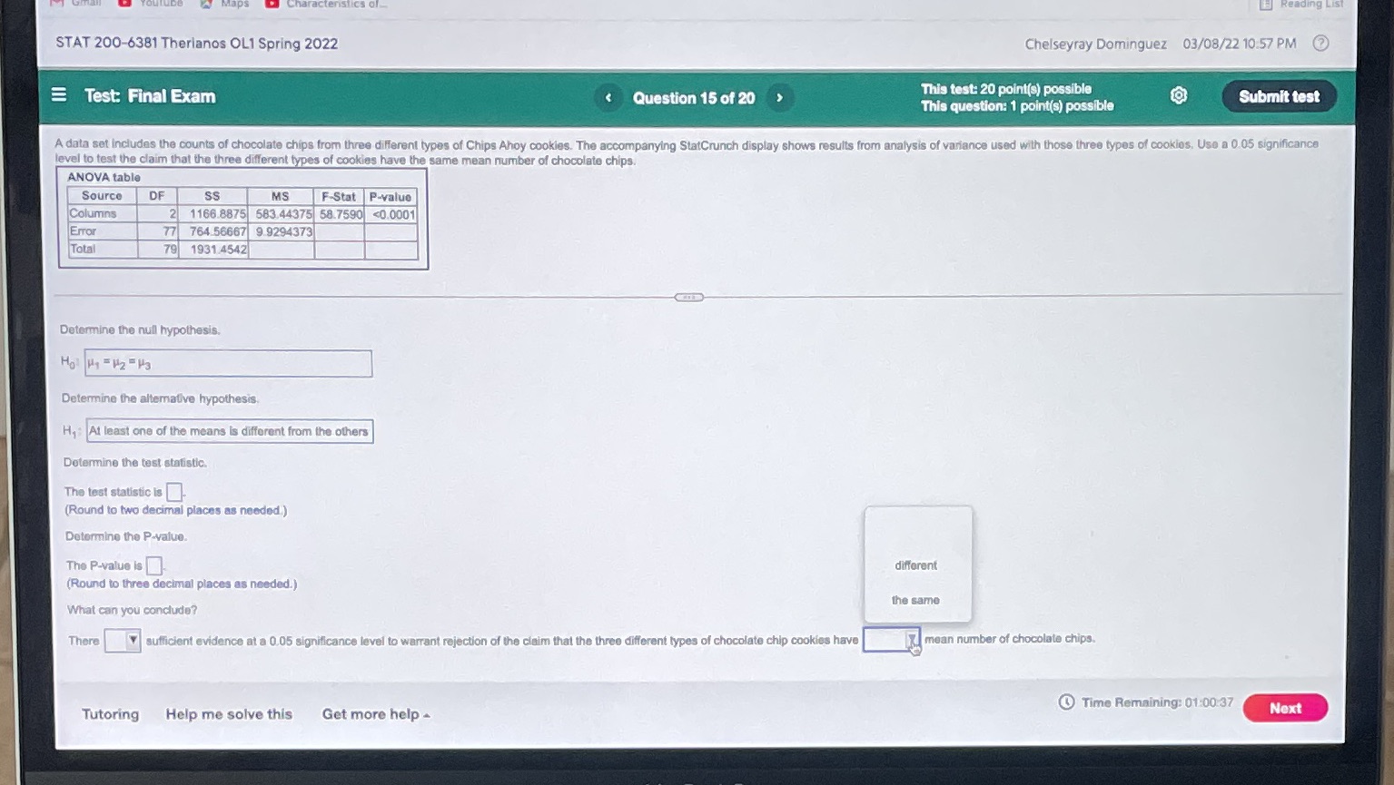 I just need the test statistic, p value, and "is not or