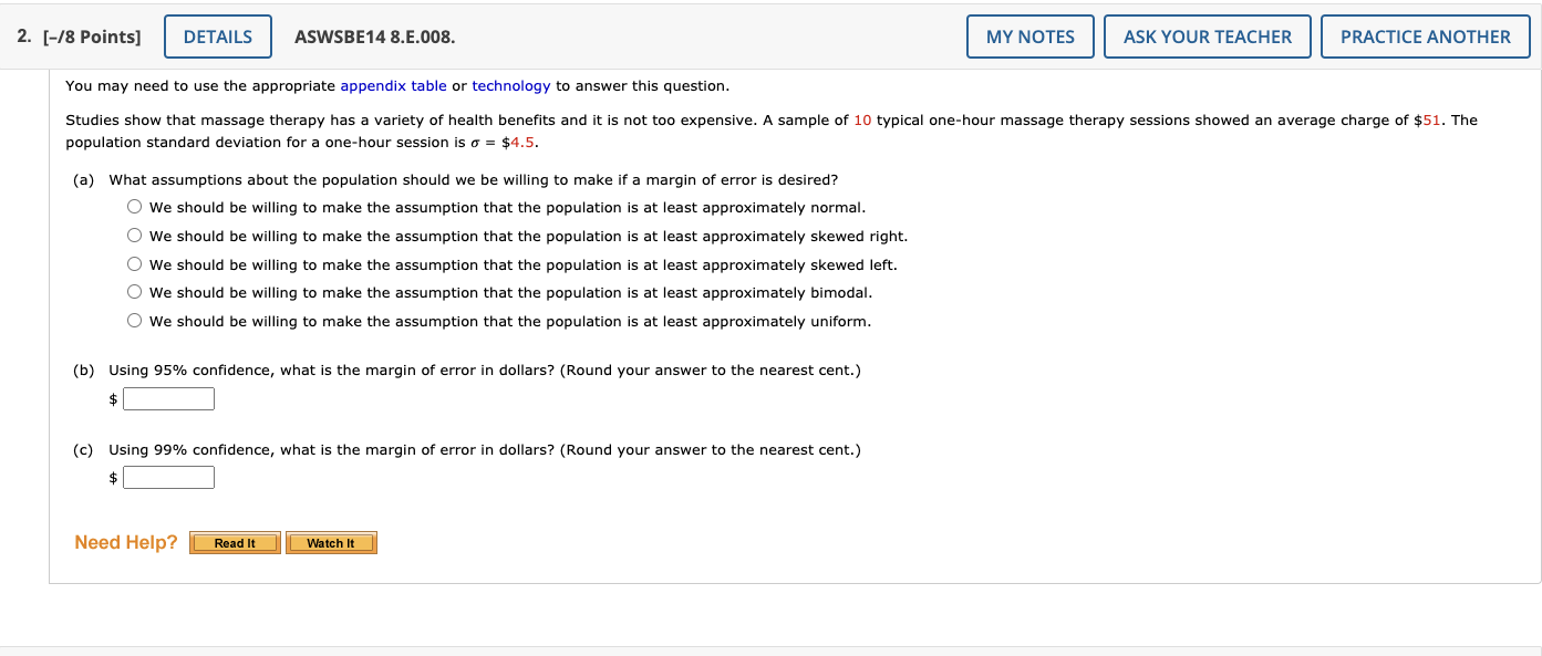 check the attachment to see the question. 2. [-/8 Points] DETAILS ASWSBE14